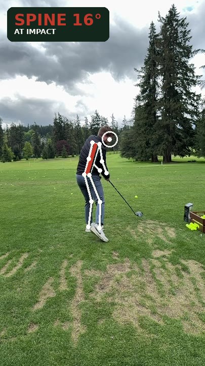 Your swing at impact — Hips thrust at the ball, body stands up; spine 16° (stood up 5° from address)